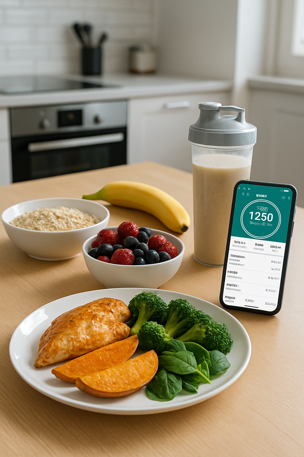 Athlete using the SnapEat AI nutrition tracking app on a smartphone to log a healthy meal.