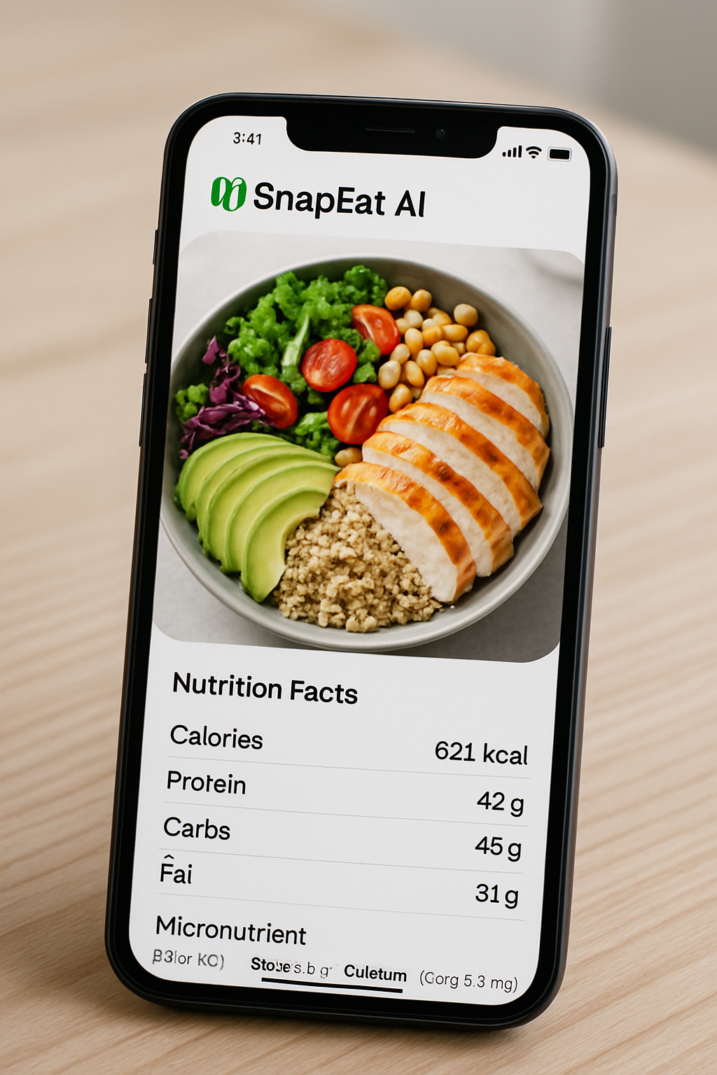Smartphone displaying the SnapEat AI nutrition tracker app interface, showing a nutritional analysis of a meal.