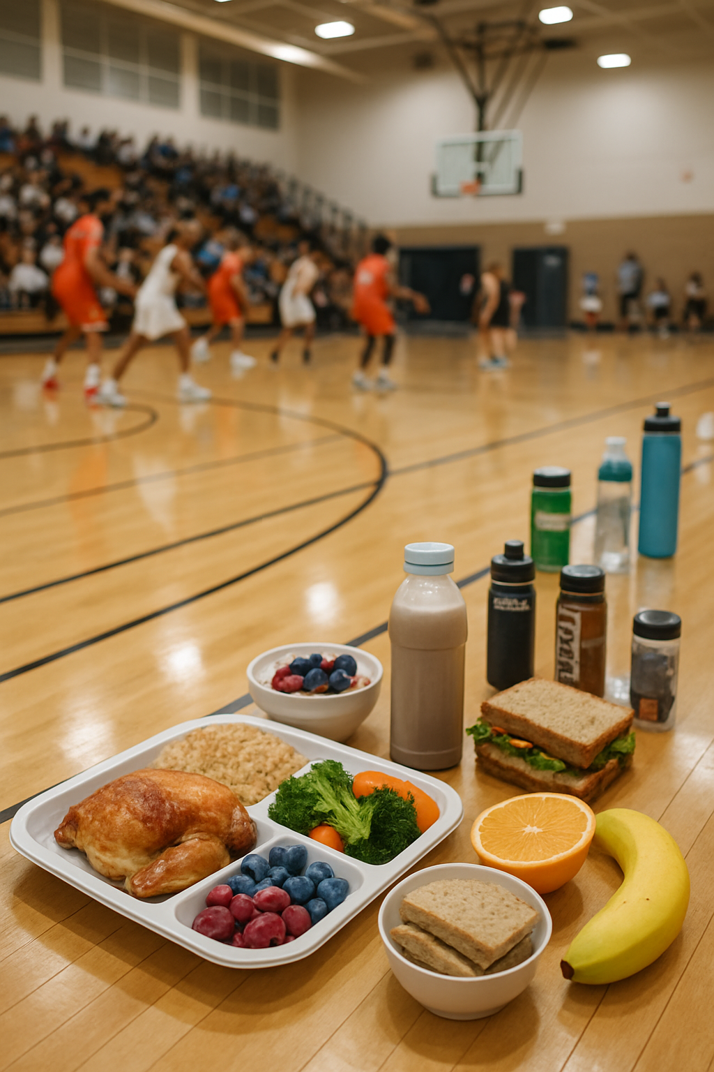 Basketball player at a table with a healthy athlete meal plan including chicken, rice, and broccoli, illustrating sports nutrition.