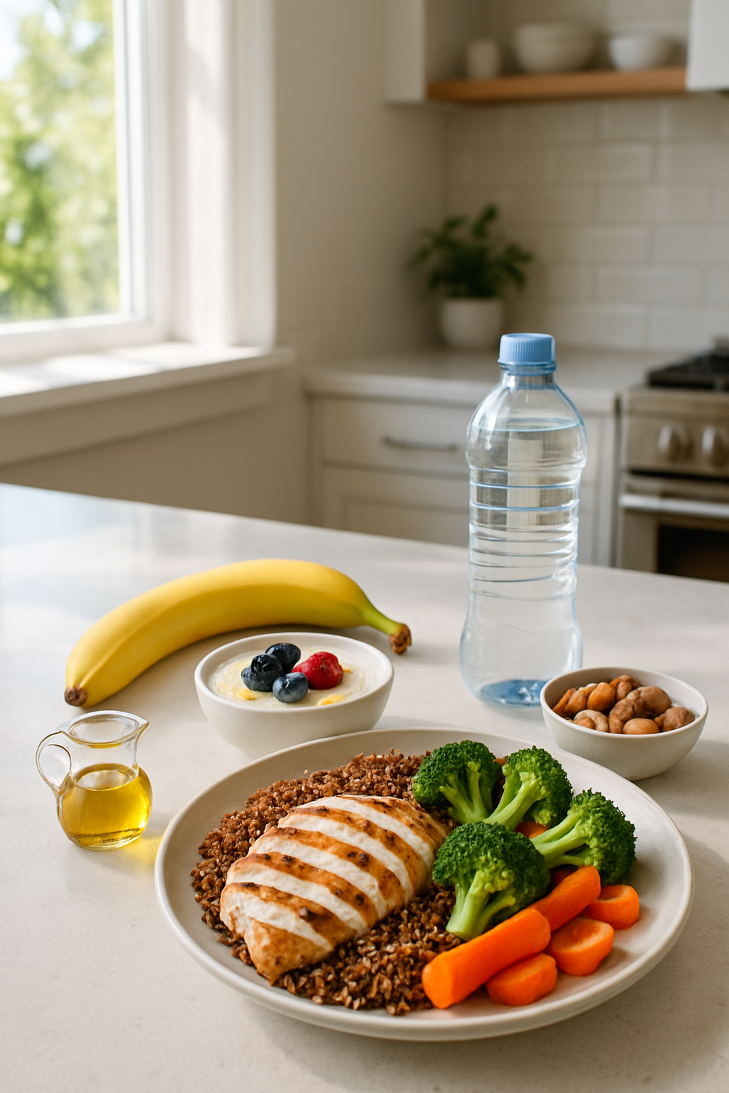 An athlete's balanced meal of chicken, quinoa, and vegetables, part of a winning athlete nutrition plan.