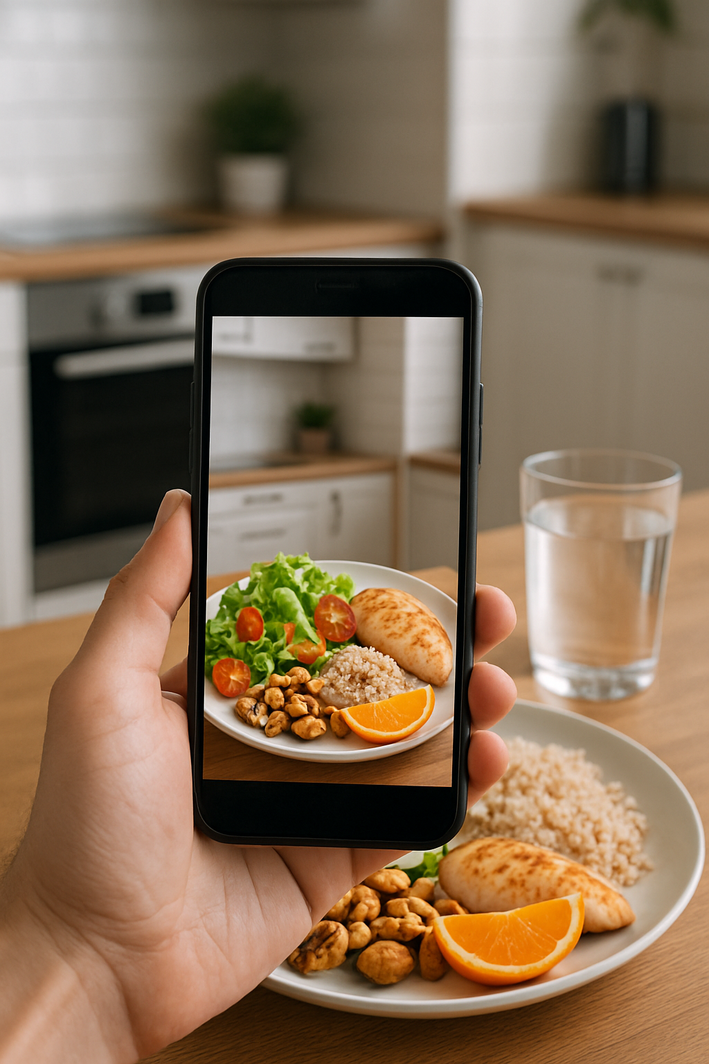 Actor Andrea Preti demonstrating the SnapEat AI nutrition tracker on his smartphone