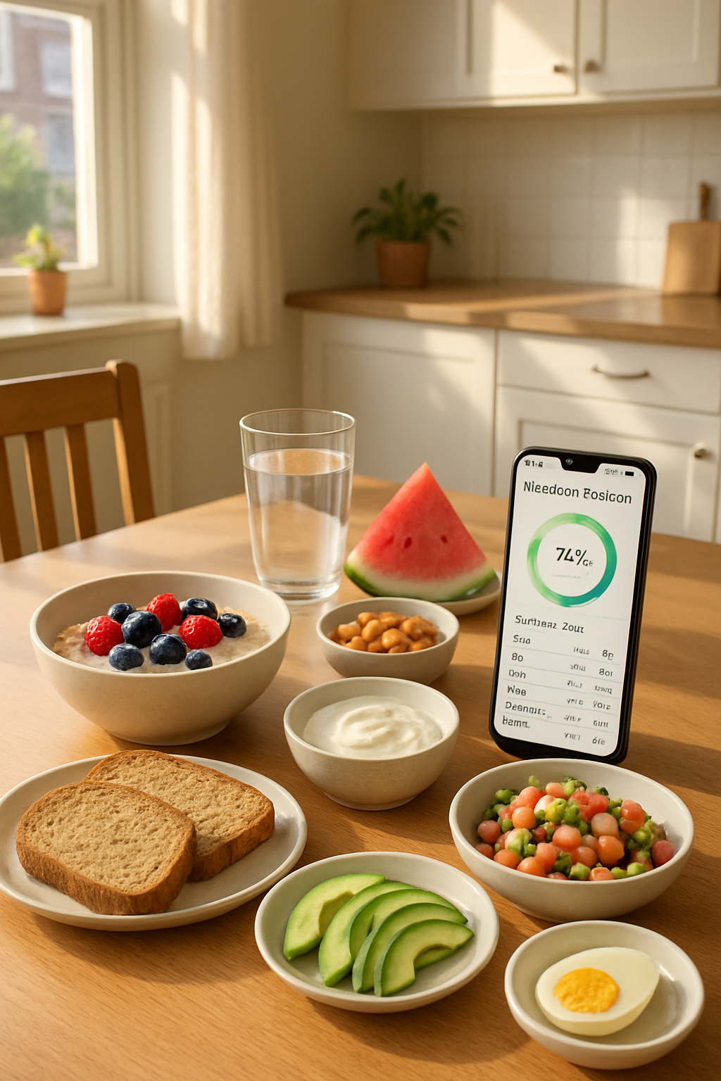 A healthy Sahur meal with oatmeal, fruit, and eggs, being tracked on a smartphone with the SnapEat AI calorie counter app interface.