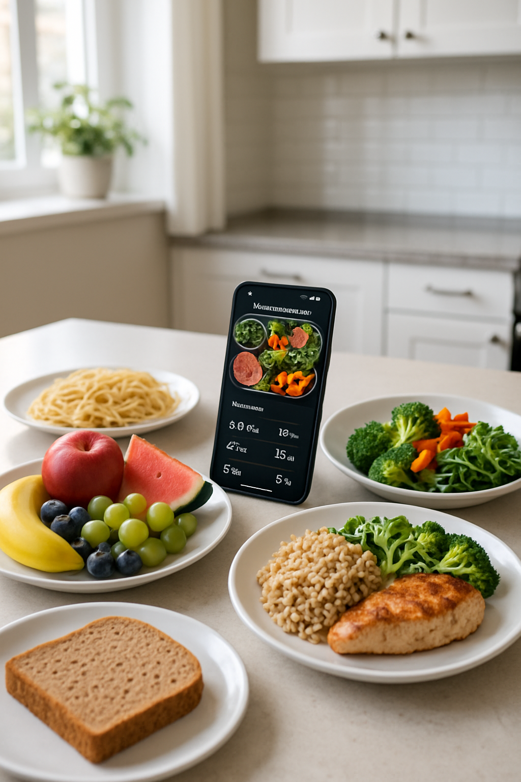 A smartphone displaying the SnapEat AI food log app, analyzing a healthy meal's calories and macros beside its photo.