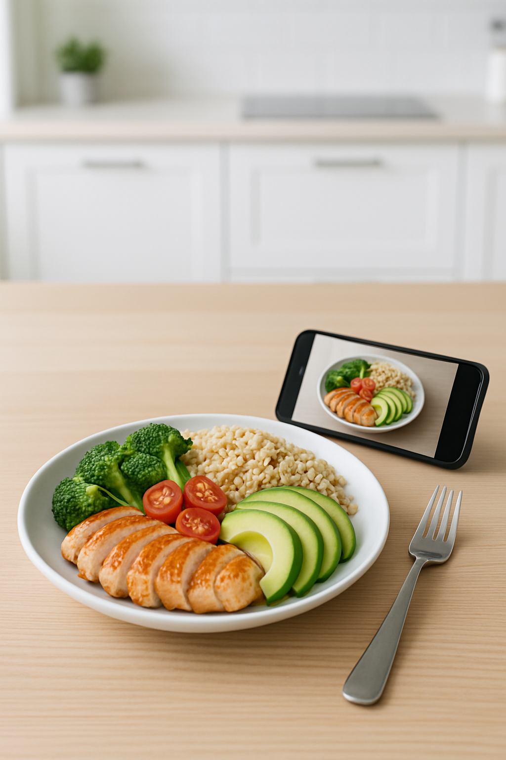A balanced and colorful #yoonchae inspired meal in a white bowl, featuring salmon, rice, and vegetables, ready to be tracked with a smart calorie counter app.