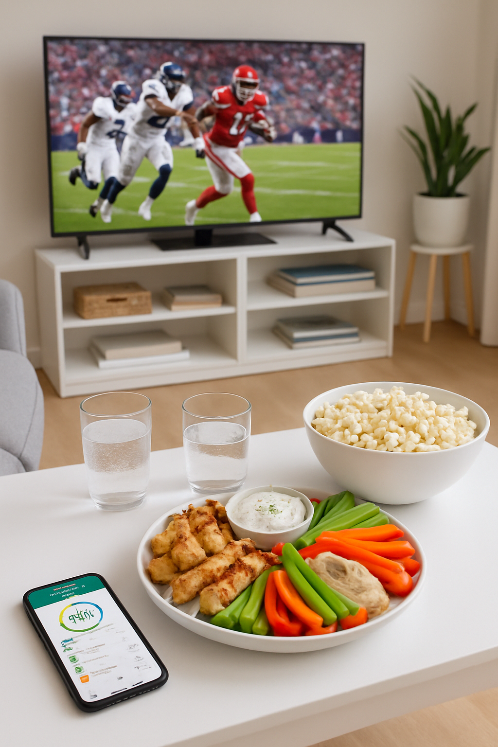 A healthy spread of game night snacks including cauliflower bites and veggie sticks next to a smartphone displaying the SnapEat AI food tracker app.