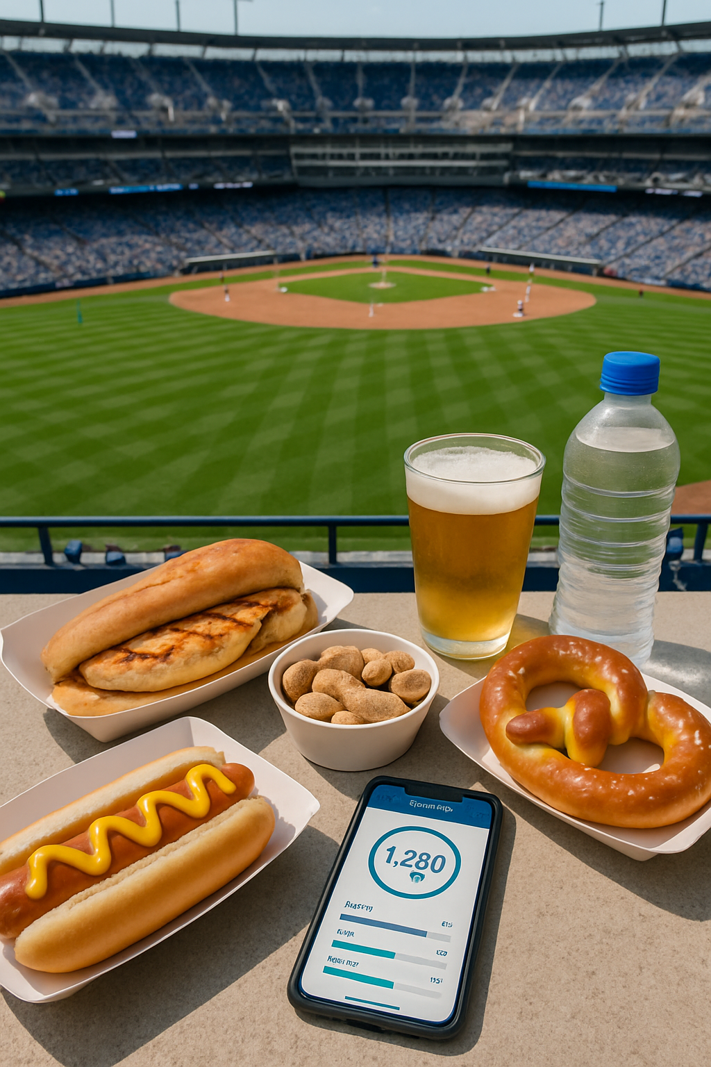 A baseball fan at a Twins vs Orioles game using the SnapEat AI food tracker app on their phone to log a hot dog.