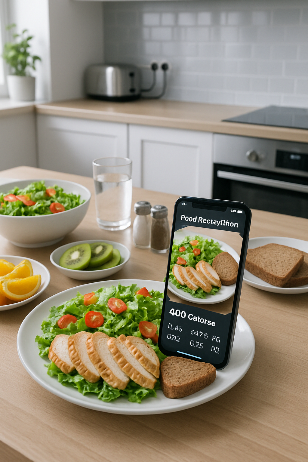 A smartphone using the SnapEat AI smart calorie counter app to analyze a healthy meal by photo.