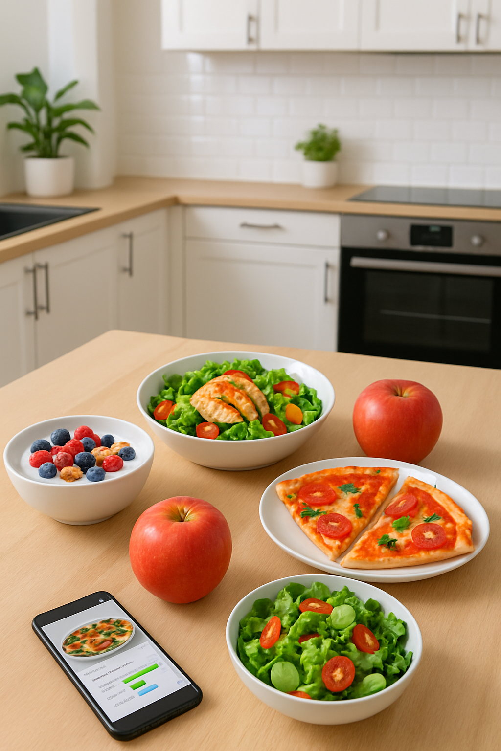 Smartphone displaying the SnapEat AI nutrition coach interface over a bowl of healthy food, illustrating the concept of smart eating.