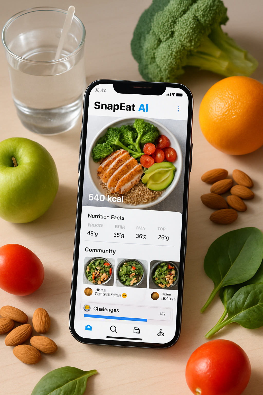 Smartphone displaying the SnapEat AI smart calorie counter interface with a vibrant community feed of shared healthy meals.