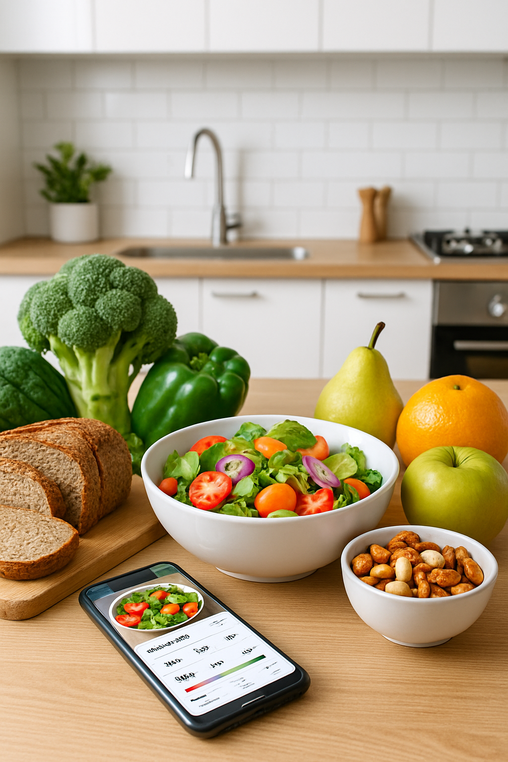 Smartphone showing the SnapEat AI app interface analyzing a photo of a meal to count calories and macros.