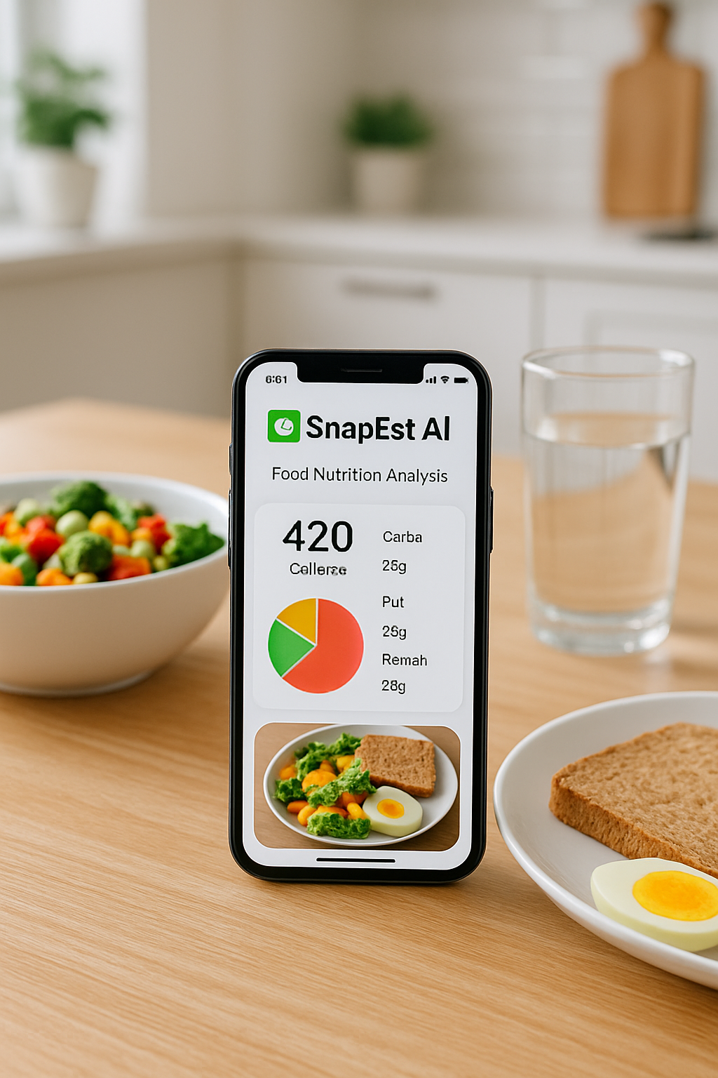A smartphone displaying the SnapEat AI nutrition tracker app interface after analyzing a photo of a healthy meal.