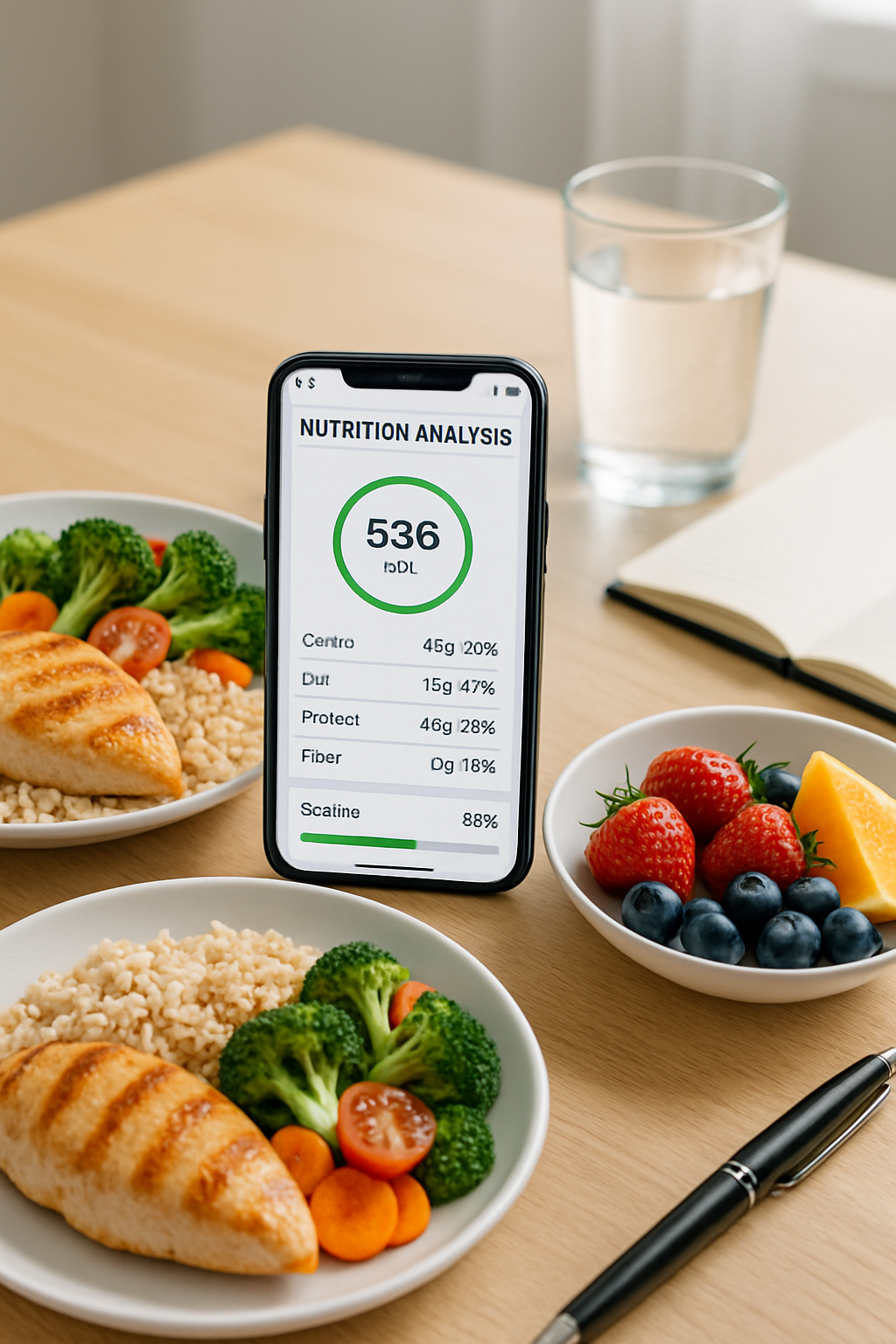 Smartphone showing the SnapEat AI app interface analyzing a photo of a salad to provide a detailed nutrition breakdown of calories and macros.