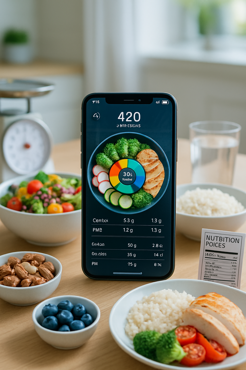 A smartphone displaying the SnapCalorie AI meal tracker app analyzing a photo of a healthy meal.