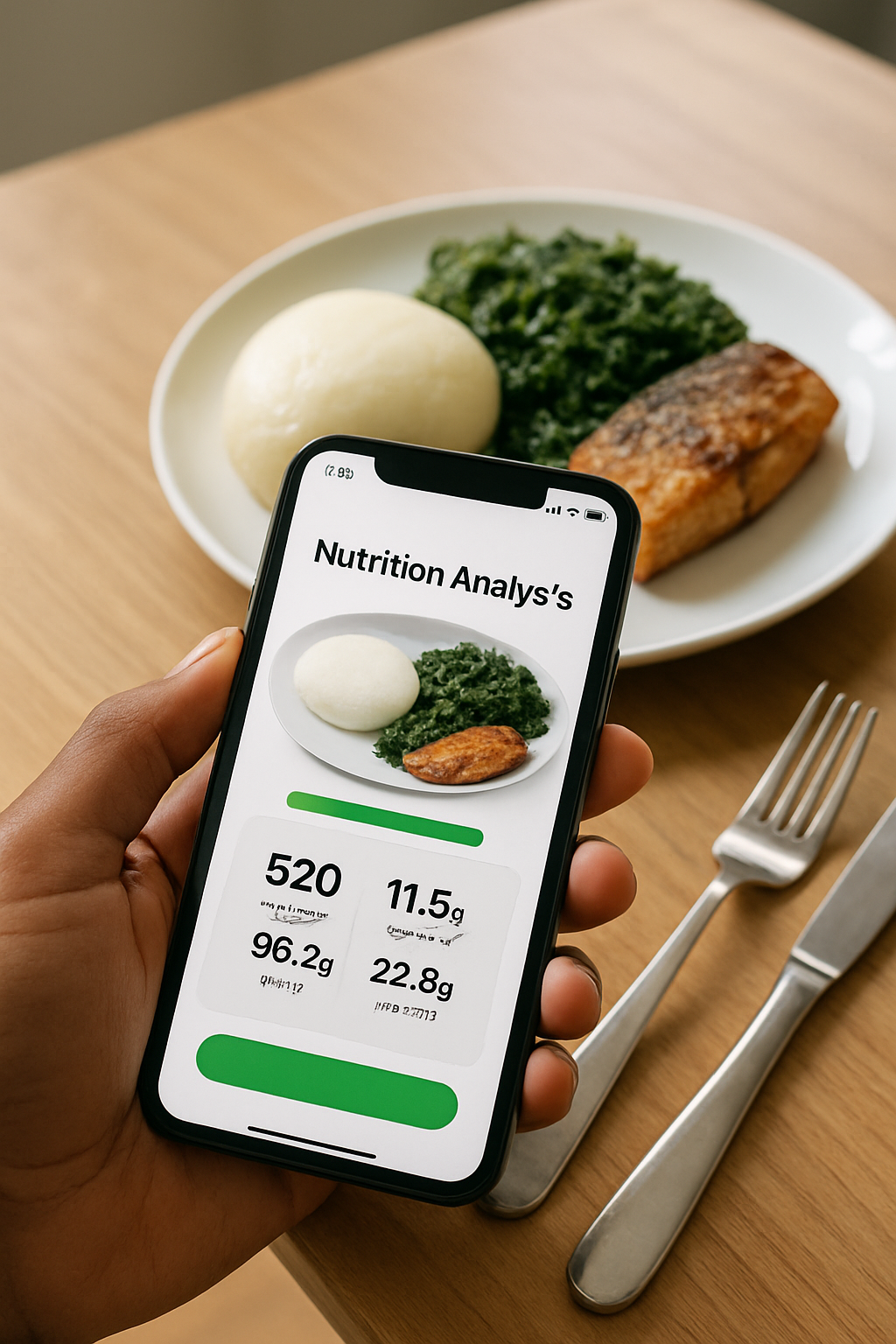 Smartphone screen displaying the SnapEat AI app analyzing a traditional Congolese meal of fufu and pondu, demonstrating smart nutrition tracking in DRC.