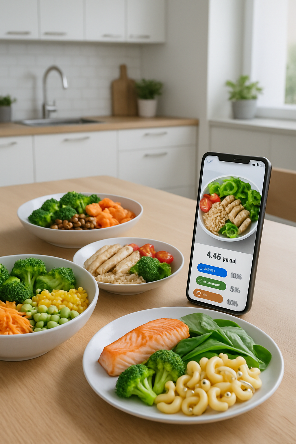 Smartphone showing the SnapEat AI meal tracker app interface, analyzing a photo of a healthy salmon and vegetable meal.