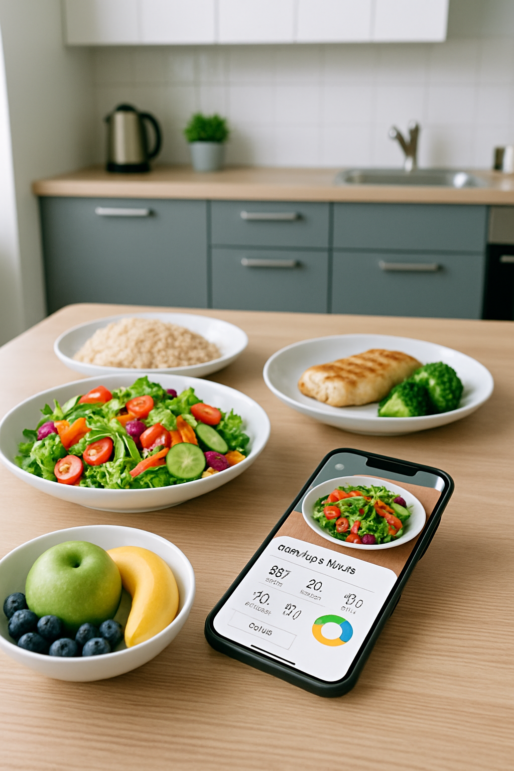 A smartphone displaying the SnapEat AI calorie counter app interface, showing a nutritional breakdown of a pictured meal of salmon and vegetables.