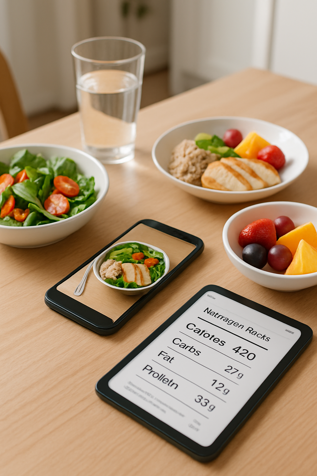 A smartphone screen showing the SnapEat AI nutrition tracker app analyzing a photo of a salad, with icons connecting it to a Linklater nutrition coach.