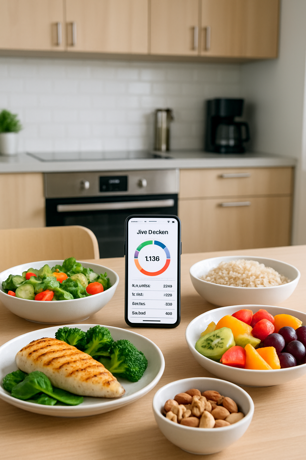 A phone displaying the SnapEat AI food recognition app, which is using the camera to identify and log calories from a healthy meal.