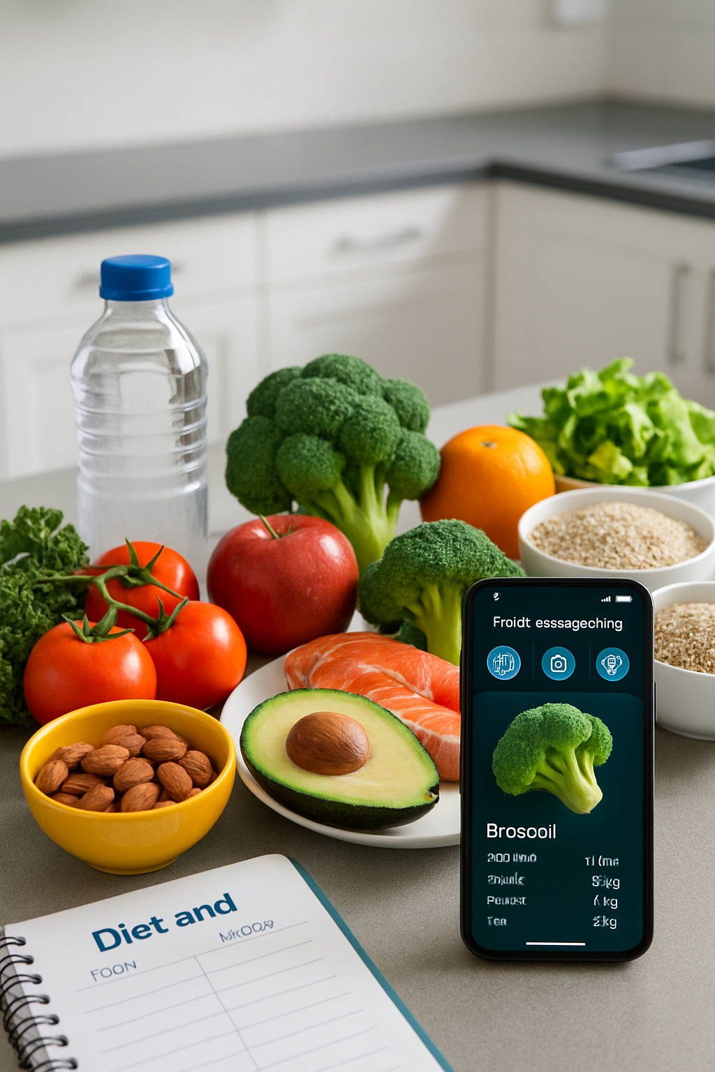 Smartphone showing MealPhoto Track app analyzing a photo of a healthy meal with salad and chicken.