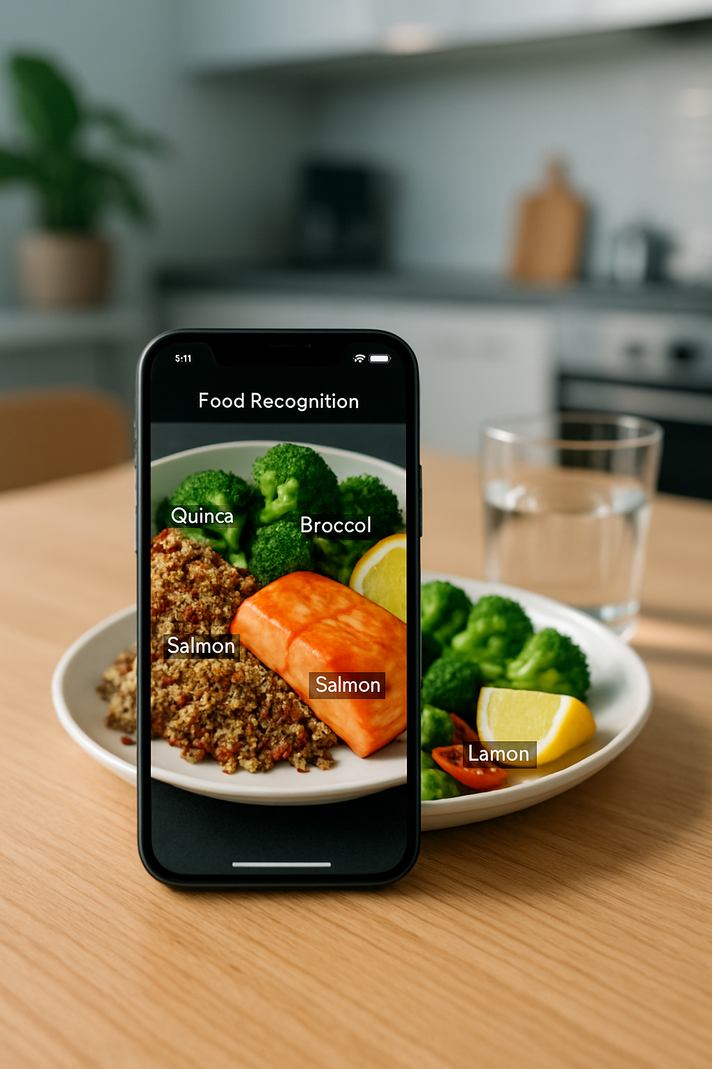 A smartphone displaying the SnapEat AI nutrition coach app analyzing a photo of a healthy meal with salmon, quinoa, and vegetables.