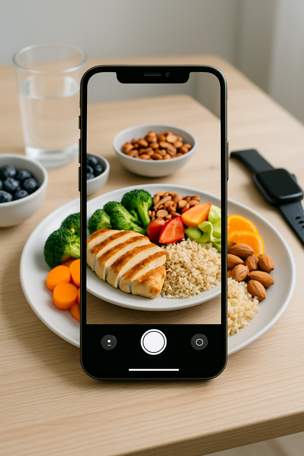A smartphone displaying the SnapEat AI food tracker app interface, analyzing a picture of a healthy meal to calculate calories and macros.