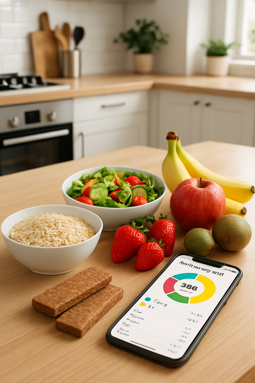 A smartphone displaying the SnapEat AI nutrition tracker app interface with a photo of a healthy meal