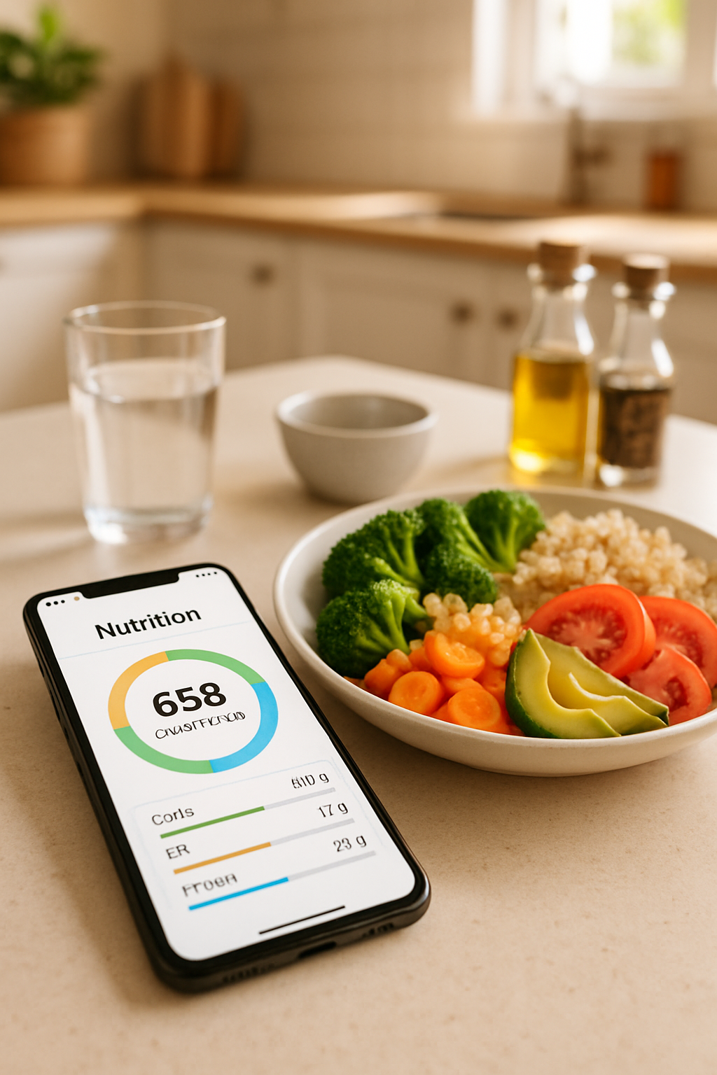 Smartphone displaying the SnapEat AI nutrition tracker app interface next to a healthy meal, illustrating how to track your healthy journey.