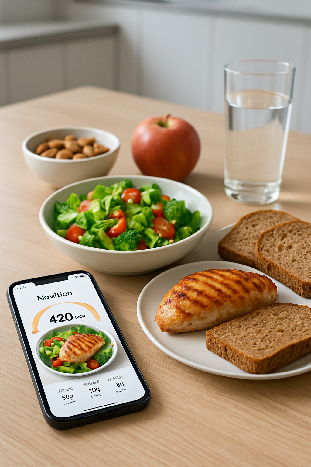 A smartphone screen showing the SnapEat AI smart food tracker app interface, analyzing a picture of a healthy meal to provide nutritional data.
