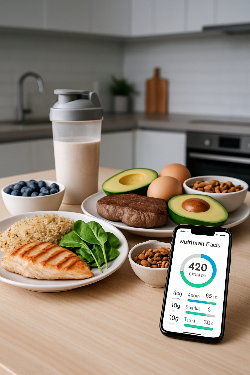 A healthy meal of grilled chicken salad being analyzed by the SnapEat AI nutrition tracker app on a smartphone.
