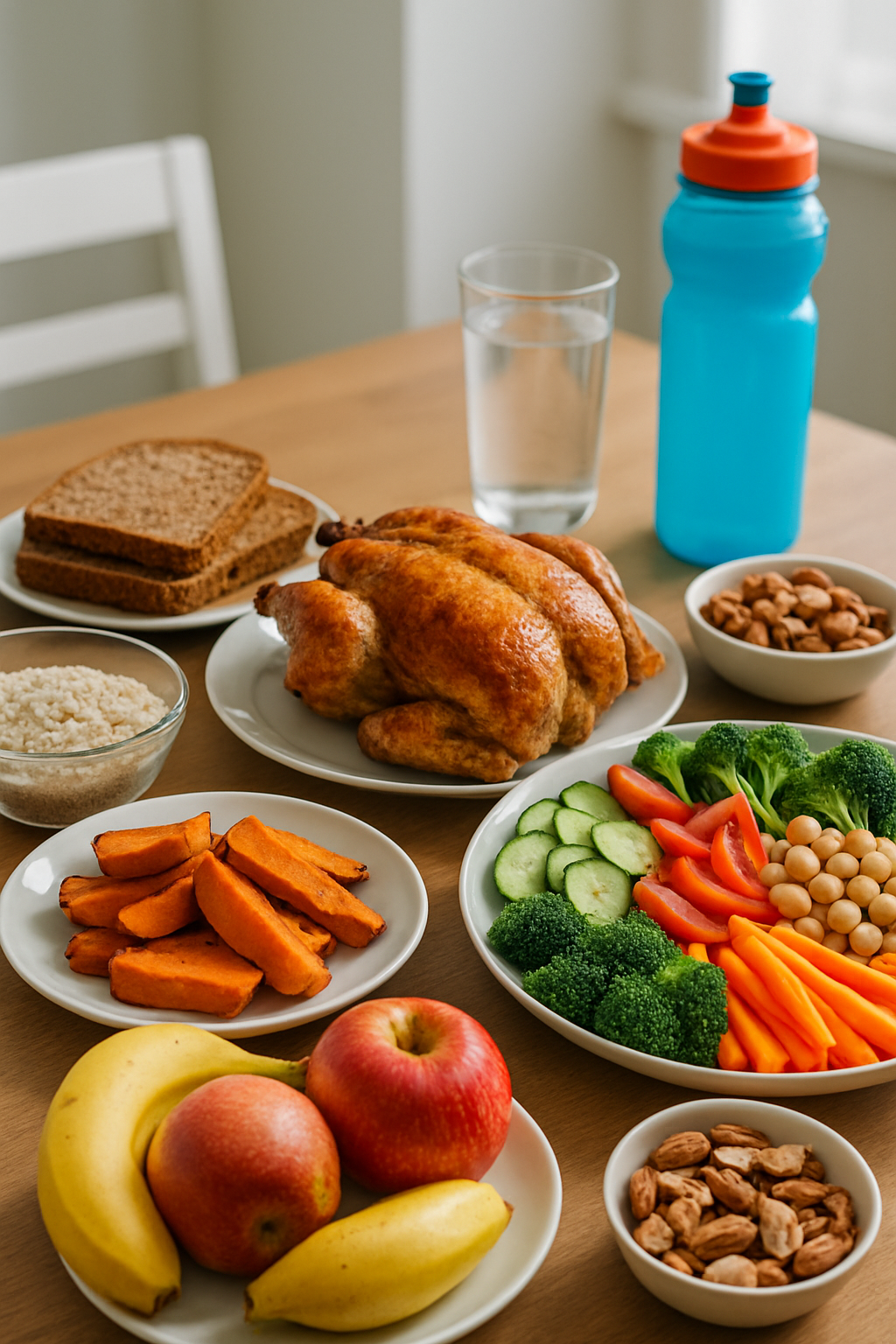 A healthy athlete's meal of chicken, sweet potato, and broccoli displayed next to a smartphone running the SnapEat AI nutrition tracker app.