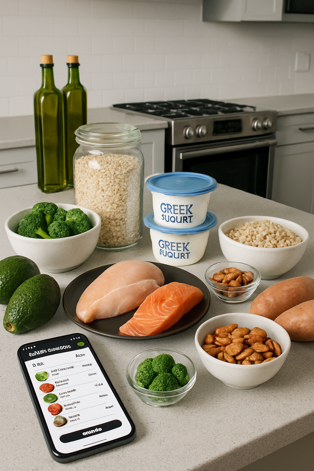 A smartphone displaying the SnapEat AI nutrition tracker app analyzing a healthy meal of salmon and vegetables
