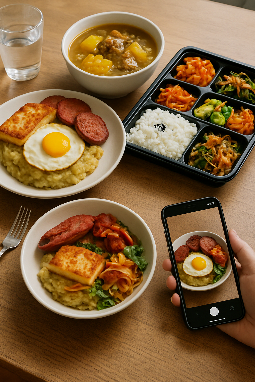 A smartphone using an AI nutrition tracker app to analyze the calories and macros of a plate of Dominican Mangu con Los Tres Golpes.