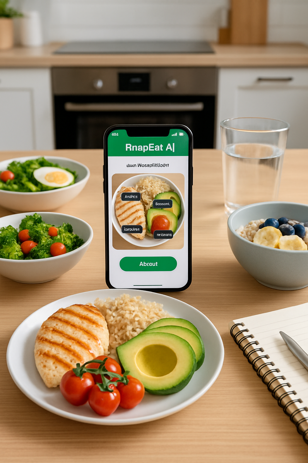 A healthy meal of salmon and vegetables with a phone showing the SnapEat AI nutrition coach app interface analyzing the food.