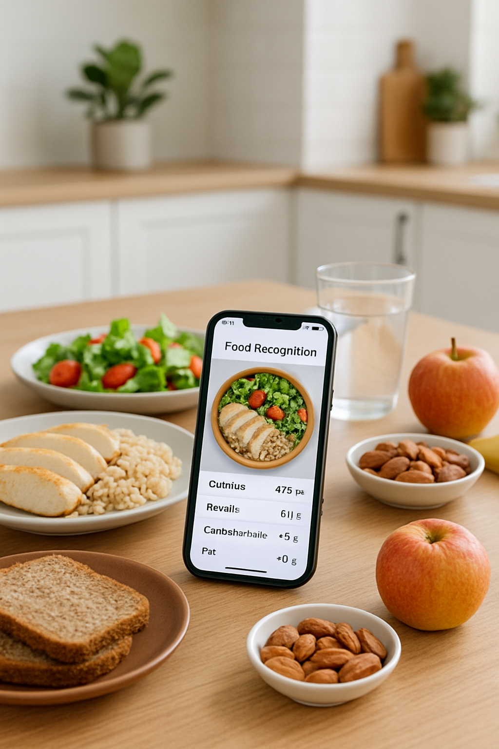 A smartphone showing the SnapEat AI calorie counter app interface with a healthy meal, symbolizing achieving 2024 health goals.