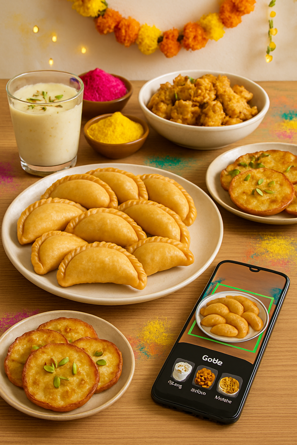 A person using the SnapEat AI app on their phone to do Holi calorie tracking on a plate of festive food like gujiya and samosas.