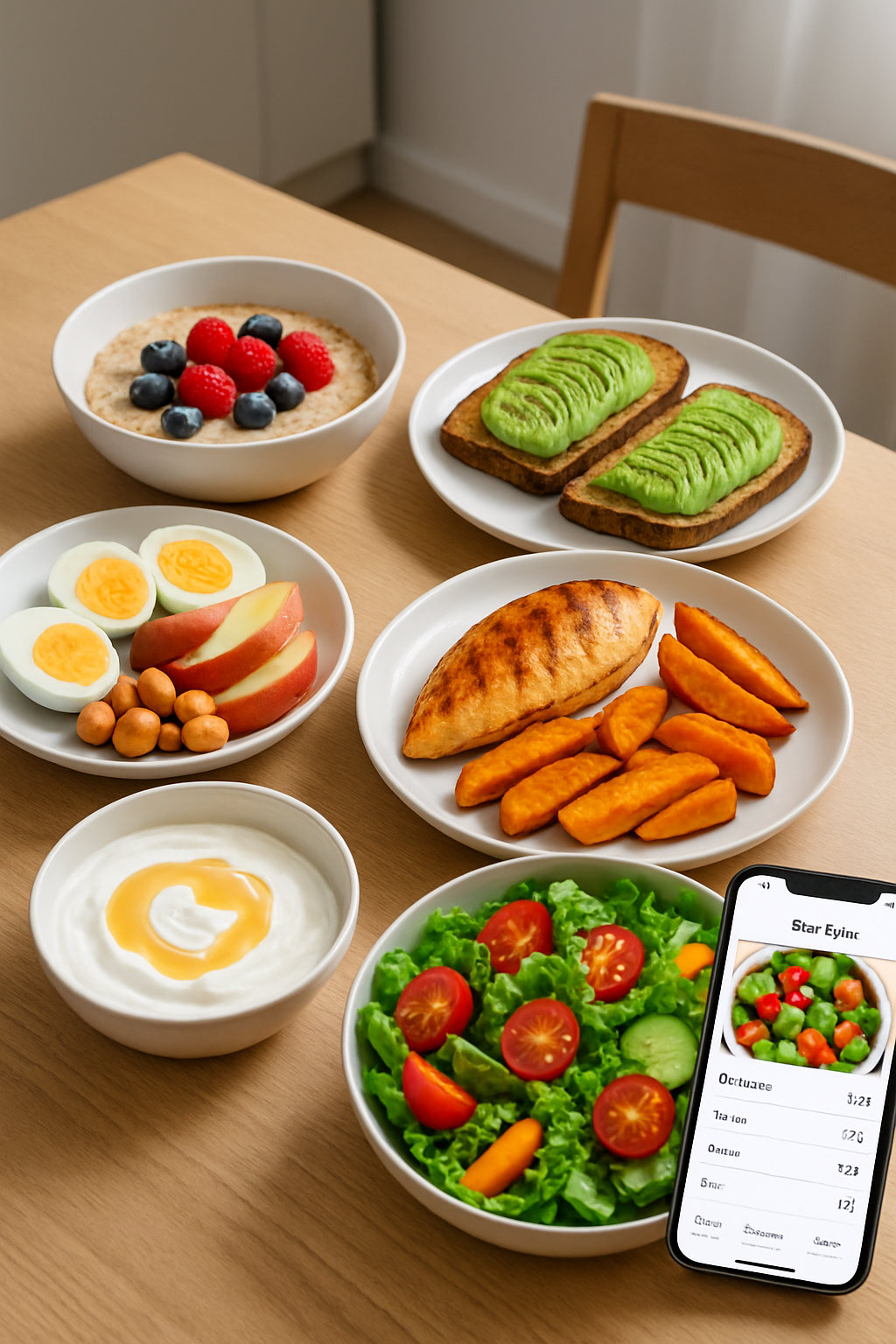 A smartphone displaying the TrackMacros AI app interface with a photo of a healthy meal, showcasing easy macro tracking.