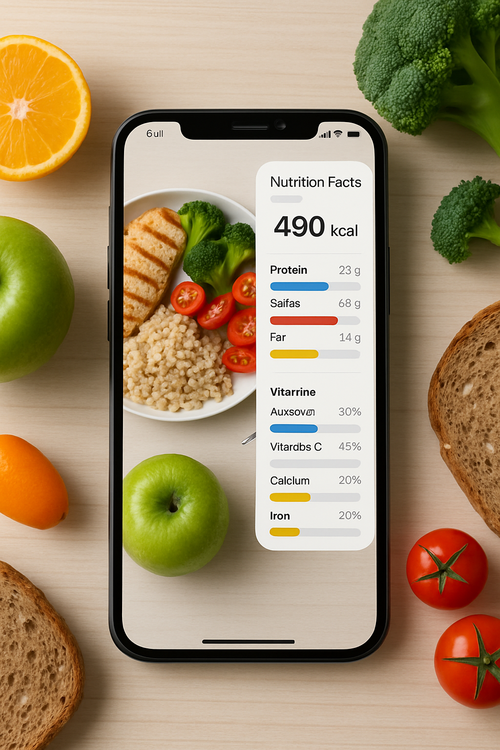 A smartphone showing the PhotoFood AI app interface after taking a photo of a salmon and vegetable meal, with nutritional data displayed.