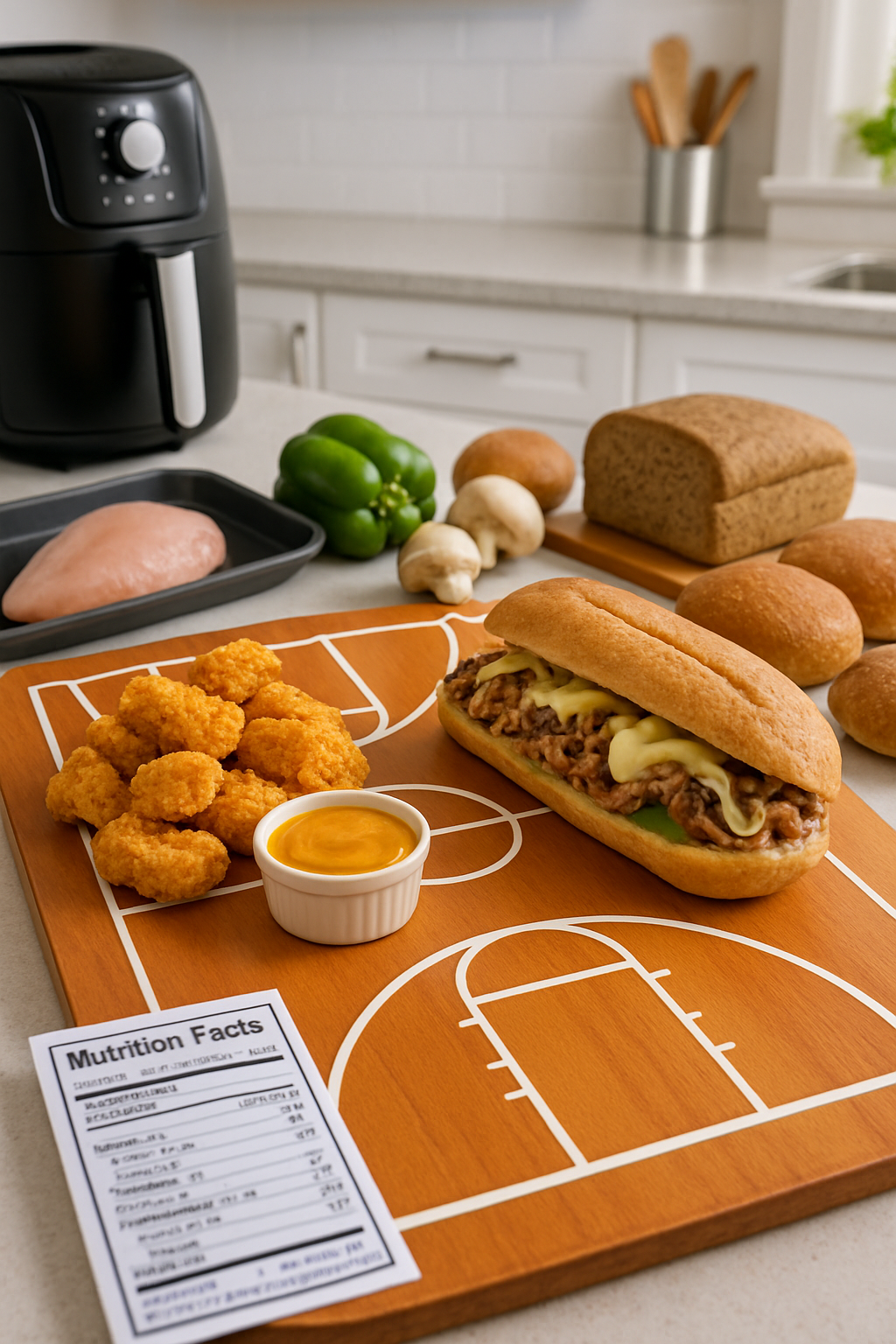 A graphic comparing a plate of chicken nuggets against a Philly cheesesteak in a nutritional showdown.