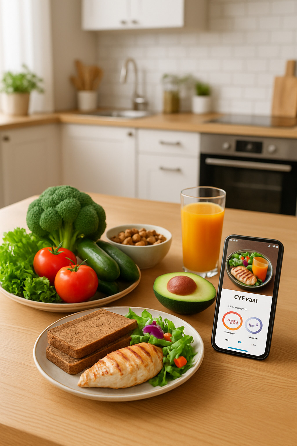 Smartphone showing the SnapEat AI app analyzing a healthy meal of salmon, broccoli, and quinoa, displaying its macronutrient breakdown.