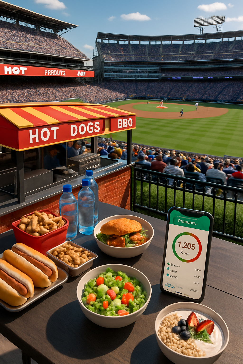 Smartphone using the SnapEat AI app to track the calories of a stadium hot dog during a live baseball game.