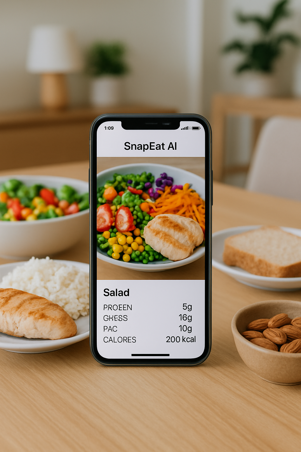 A football helmet and a healthy meal on a plate with the SnapEat AI app interface demonstrating its nutrition tracking feature.