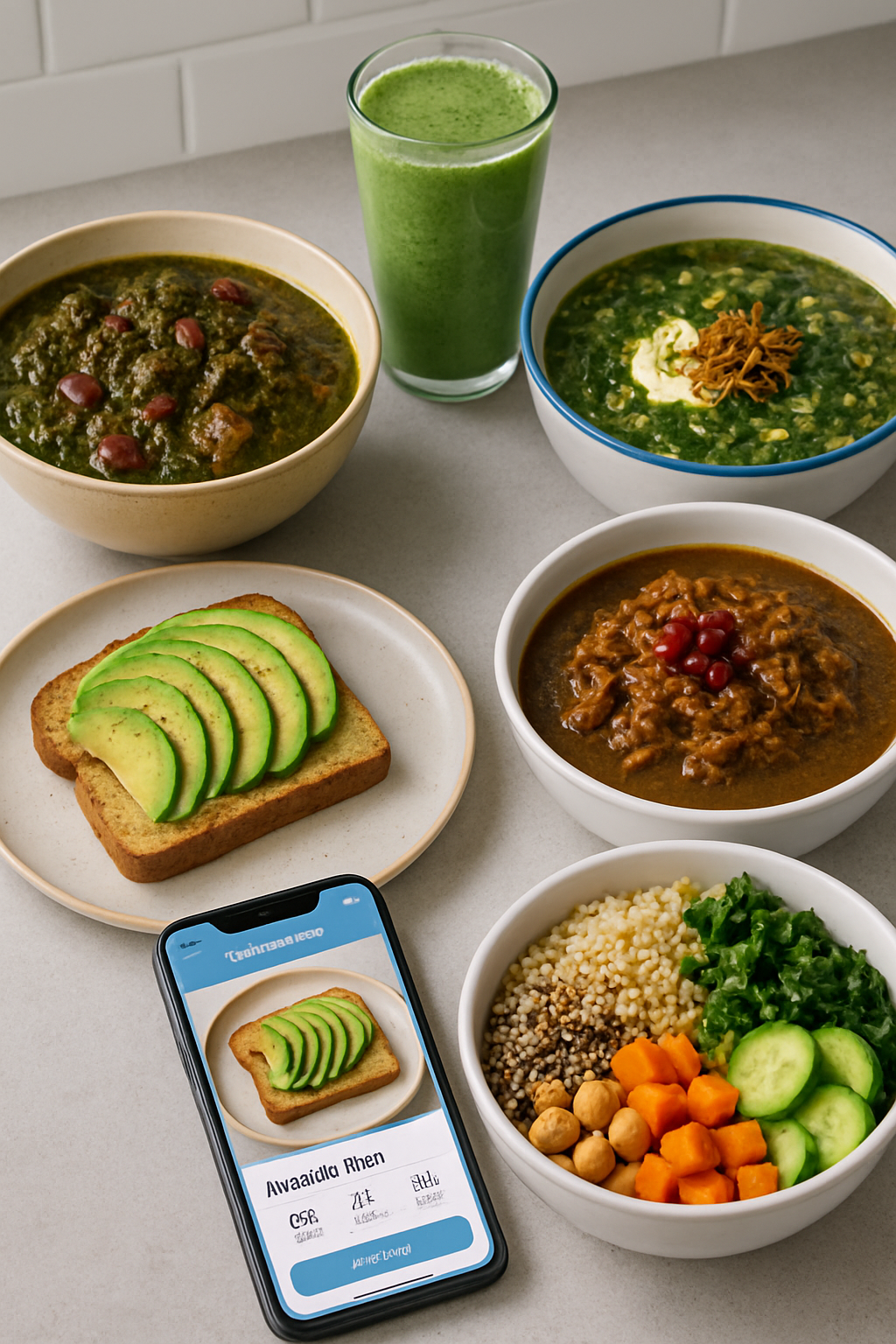 A phone displaying the SnapEat AI app analyzing a diverse meal featuring both Persian stew and a modern salad.