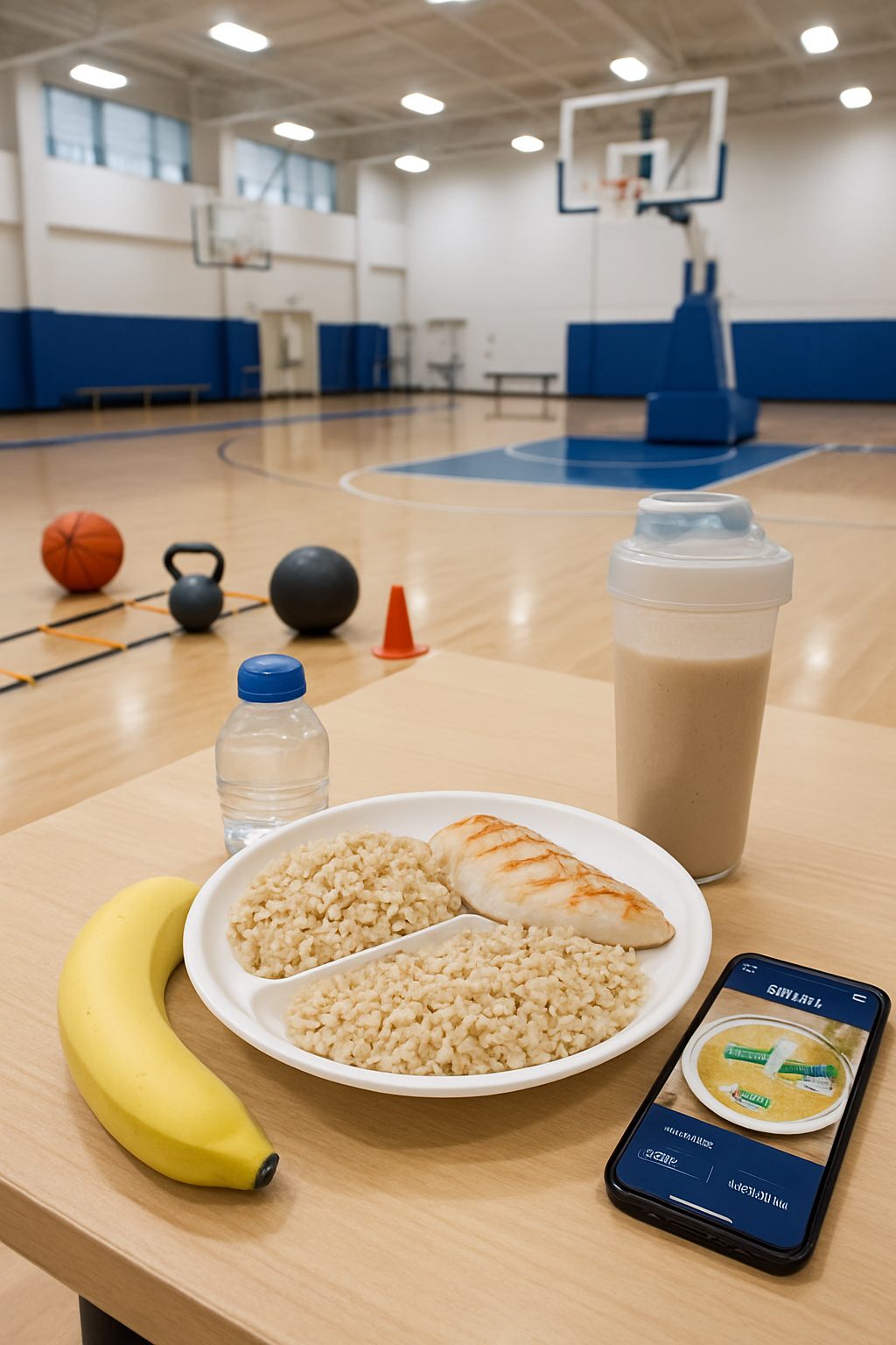 College basketball athlete using the SnapEat AI nutrition tracker app on their phone to log a healthy pre-game meal.