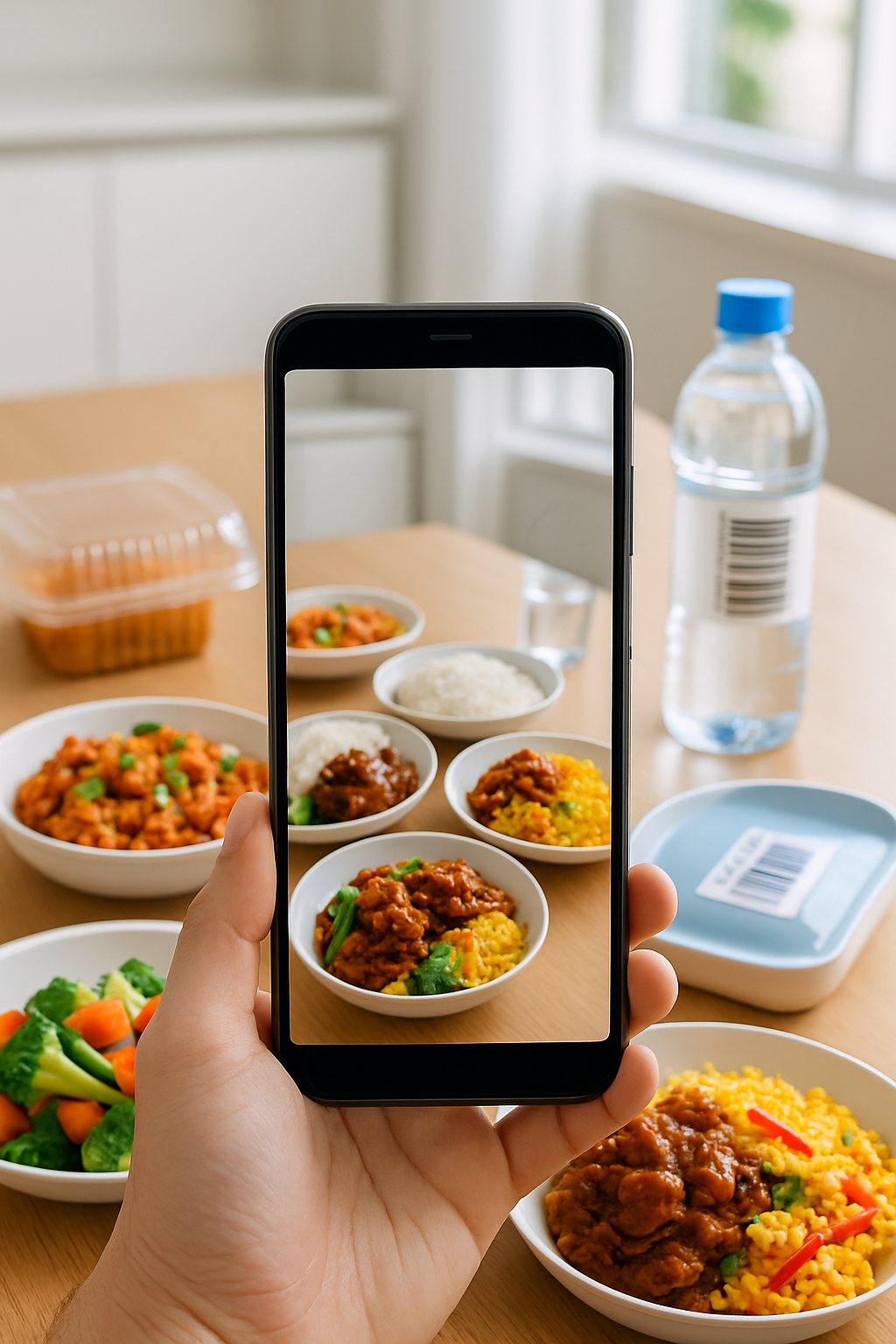 Smartphone showing the SnapEat AI calorie counter app identifying a plate of jollof rice and chicken, demonstrating the food recognition feature.