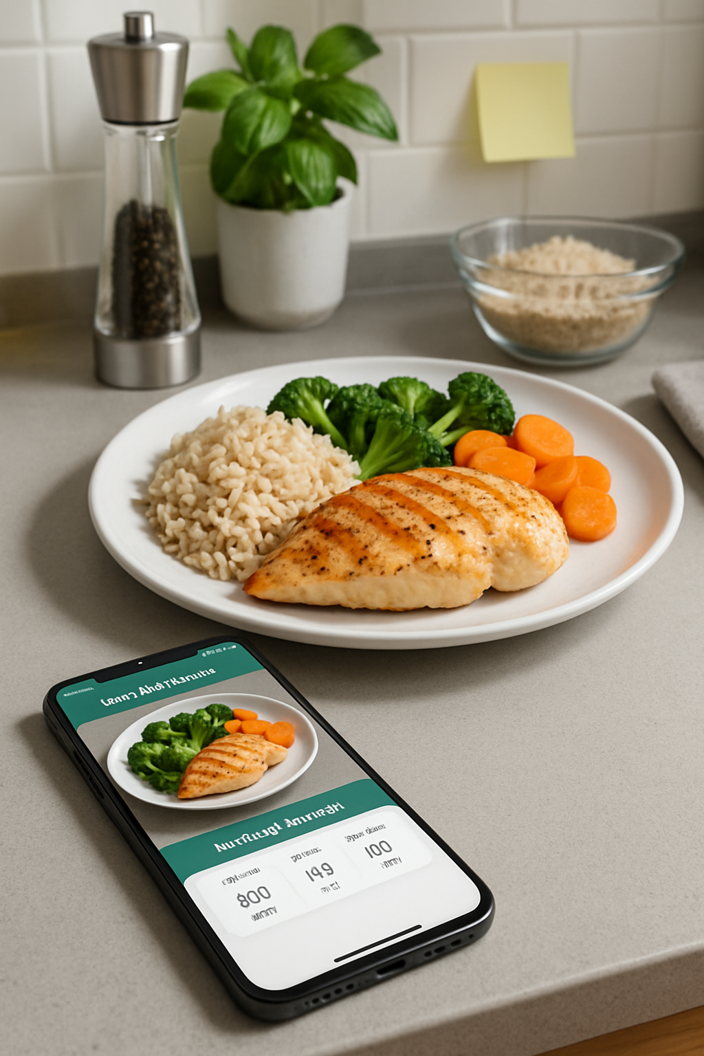 A plate of healthy food including salmon, avocado, and vegetables being scanned by the SnapEat AI nutrition coach app.