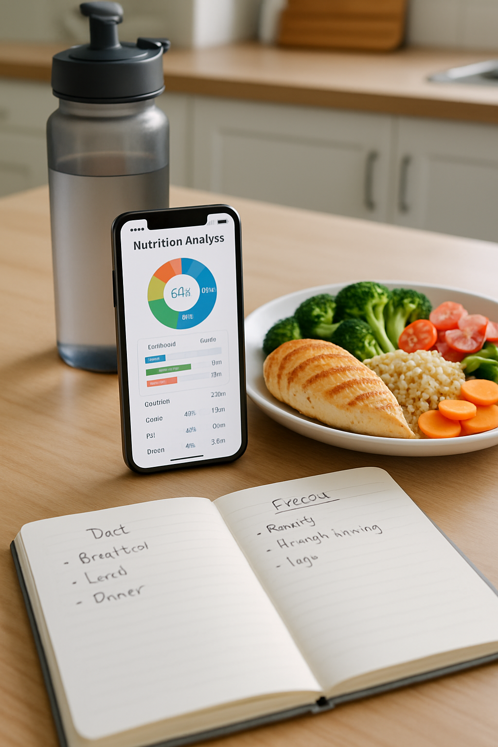 Smartphone screen displaying the SnapTrack AI nutrition tracker app analyzing a photo of a healthy meal.