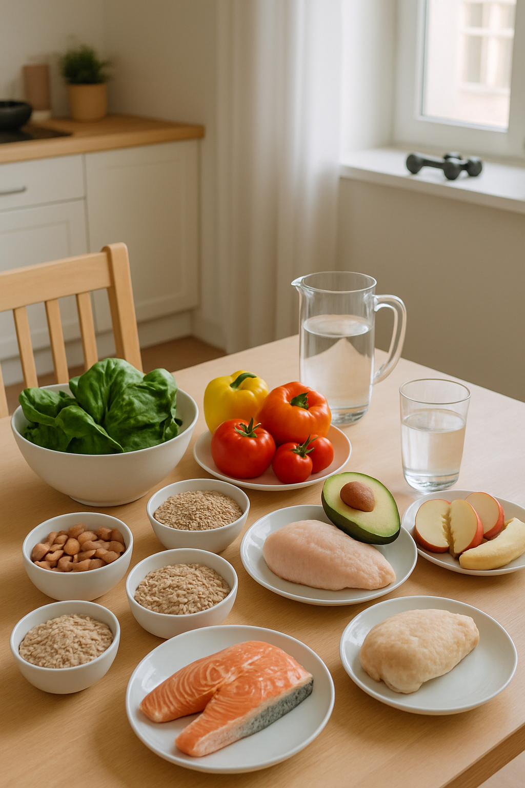 A balanced meal of salmon, avocado, and vegetables on a plate, representing a healthy diet for weight loss.