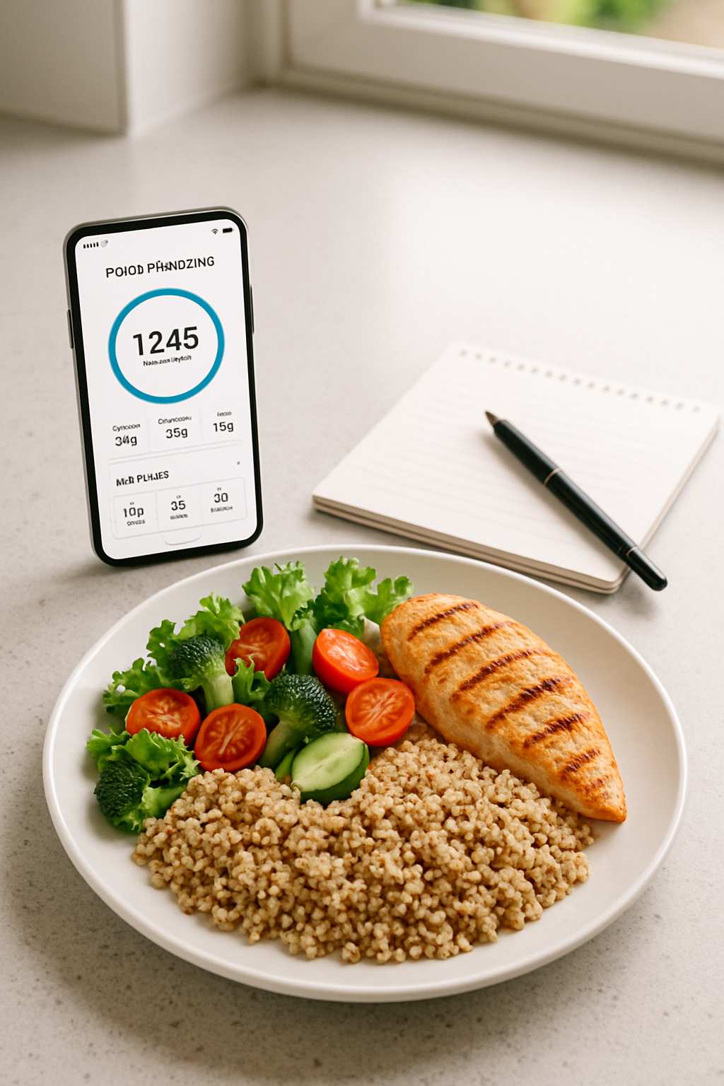 Smartphone showing the SnapEat AI app analyzing a photo of a healthy meal with salmon and vegetables.