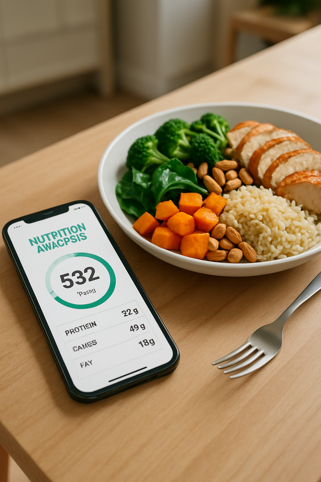 Smartphone screen showing the SnapEat AI app analyzing a photo of a healthy meal to track calories and nutrition.