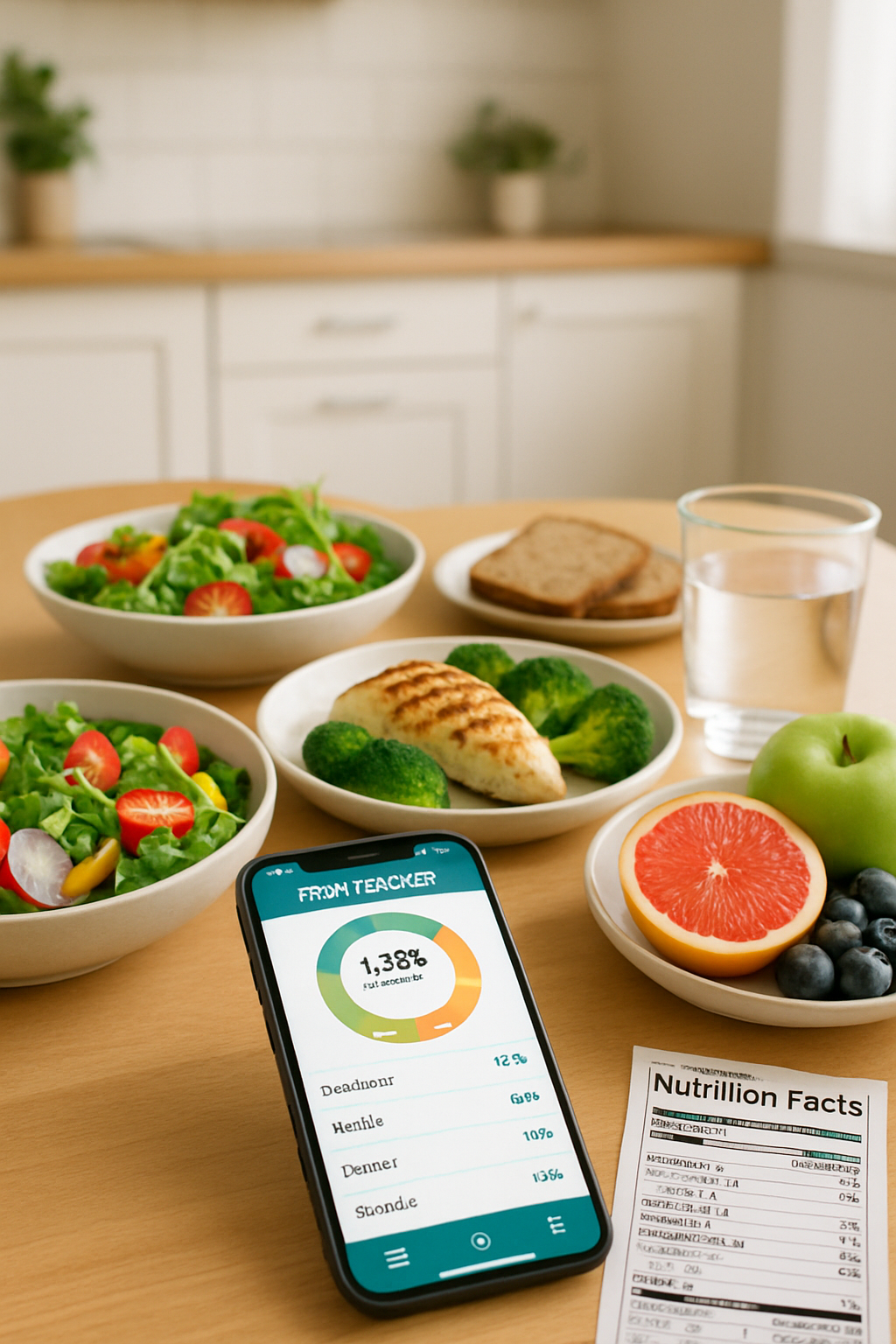 A smartphone showing the SnapEat AI app interface analyzing a healthy meal with a New Year's theme in the background.